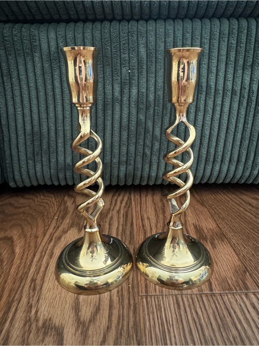 Brass Spiral Twist Candlestick Pair - Polished Gold Finish